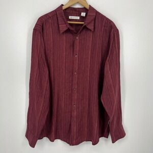 Cubavera Mens XL Burgundy Textured Vertical Stripe Linen Blend Button Down Shirt